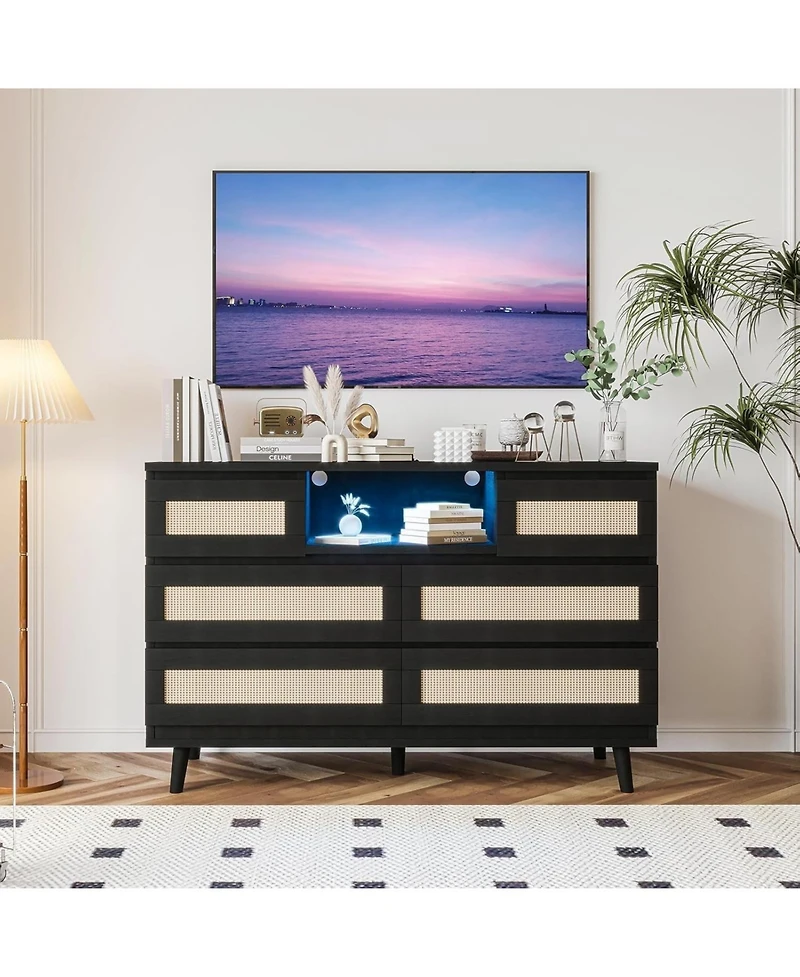 gaomon Rattan Wooden Dresser with 6 Drawers and Charging Station, 47" Modern Dresser with Led Lights and Open Shelves
