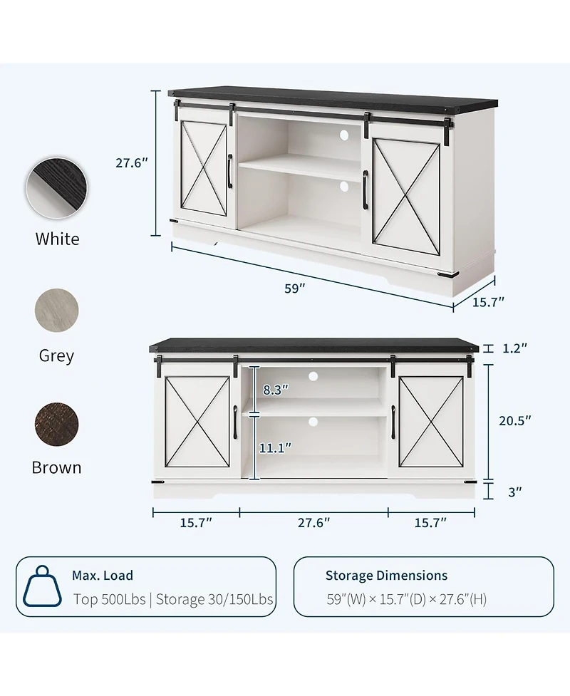 gaomon Farmhouse 59" Tv Stand Up to 65 Inches, Mid Century Modern Entertainment Center with Storage Cabinets
