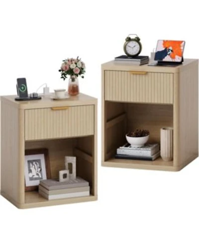 Gaomon Fluted Nightstand With Charging Station Bedside Table With Drawers Open Storage Space