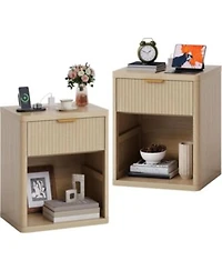 Gaomon Fluted Nightstand With Charging Station Bedside Table With Drawers Open Storage Space