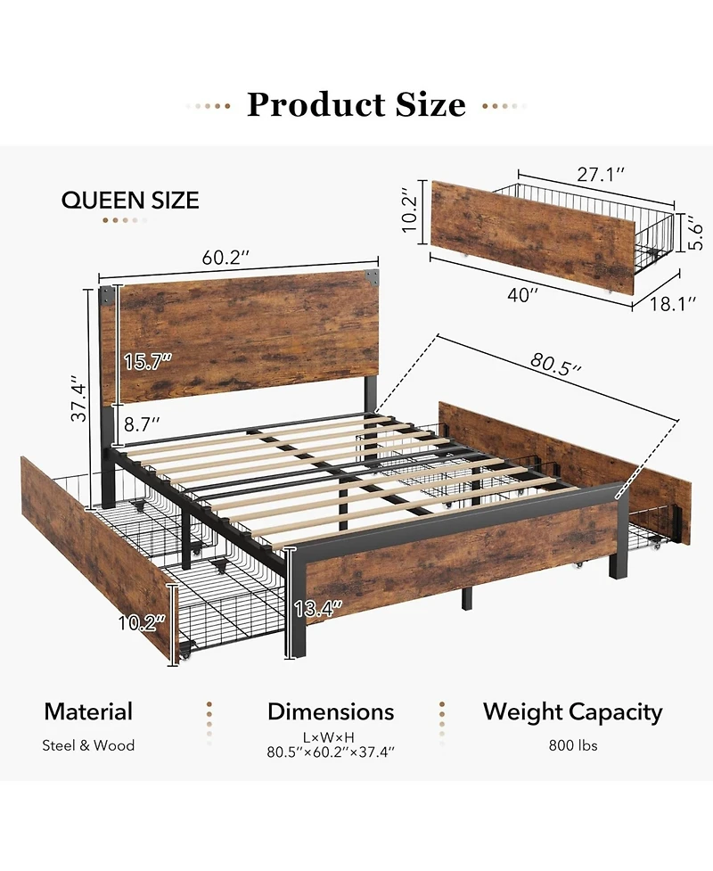 gaomon Bed Frame with Wooden Headboard – Features a Platform Design with Under-Bed Storage and Metal Legs, Noise-Free Operation