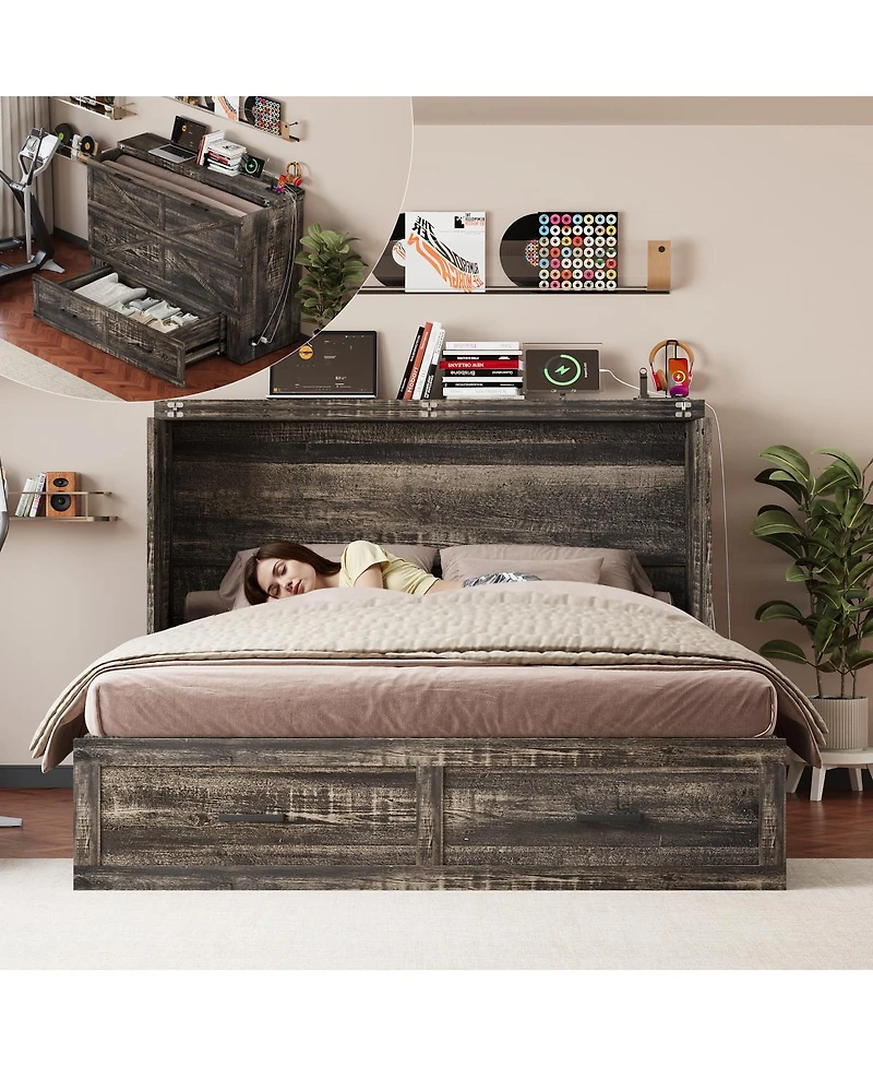 Streamdale Furniture Queen Murphy Bed w/Charging Station & Storage Drawer