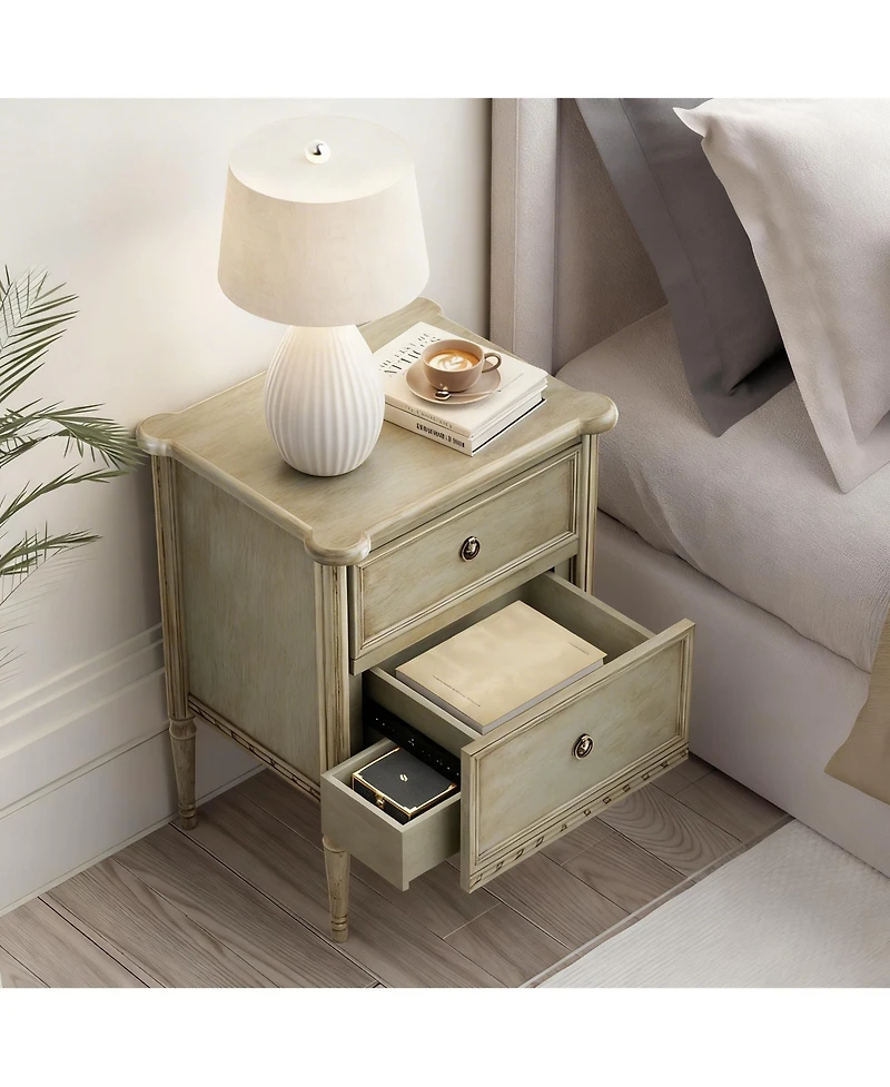 Yigii Wood 2 Drawer Farmhouse Nightstand with Antique Finish