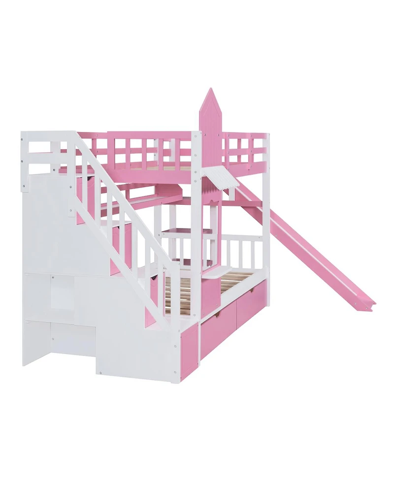 Streamdale Furniture Twin-Over-Twin Castle Bunk Bed with Drawers, Shelves & Slide