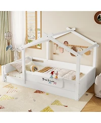 Streamdale Furniture Twin Size House Floor Bed with Guardrails, Roof, Tray & Signboard