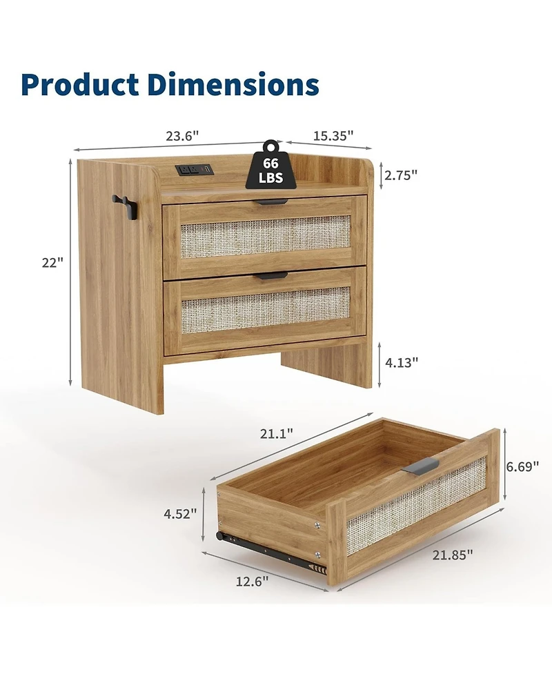 gaomon Rattan Bedside Table Nightstand, 2 Drawer, 1 Pcs Cabinet, Bedroom Organizer and Storage Cabinet