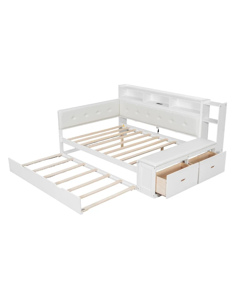 Streamdale Furniture Full Size Wood Daybed with Trundle, Storage, Charging Station, Cushion