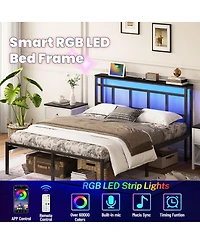 Streamdale Furniture 14" Twin Bed Frame w/ Storage Headboard, Usb-c, Led Light