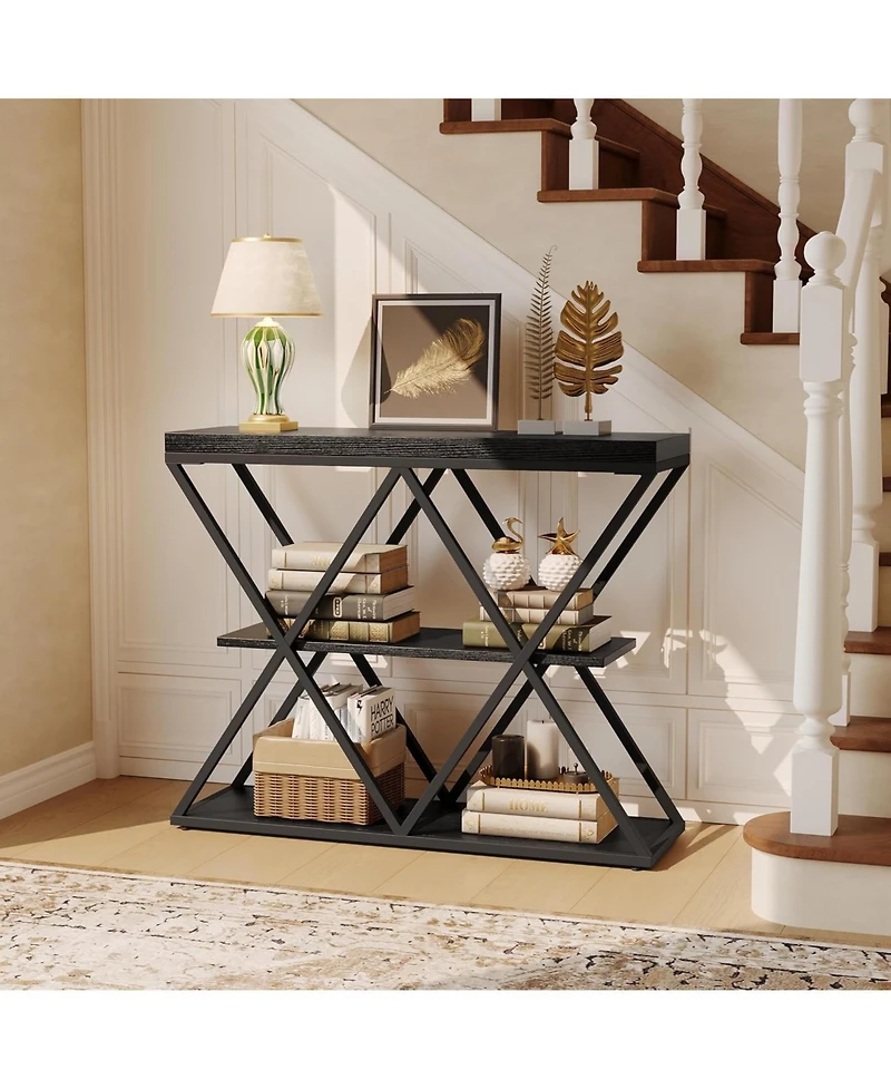 gaomon 3-Tier Industrial Entryway Table with x-Shaped Metal Frame, Open Shelf Console Sofa for Living Room, Hallway