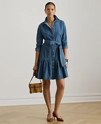 Lauren Ralph Women's Long-Sleeve Belted Tiered Collared Denim Shirt Dress