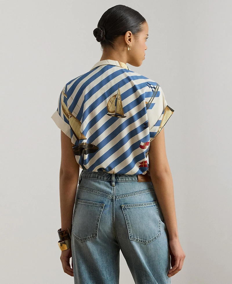 Lauren Ralph Women's Striped Sailboat-Print Collared Camp Shirt