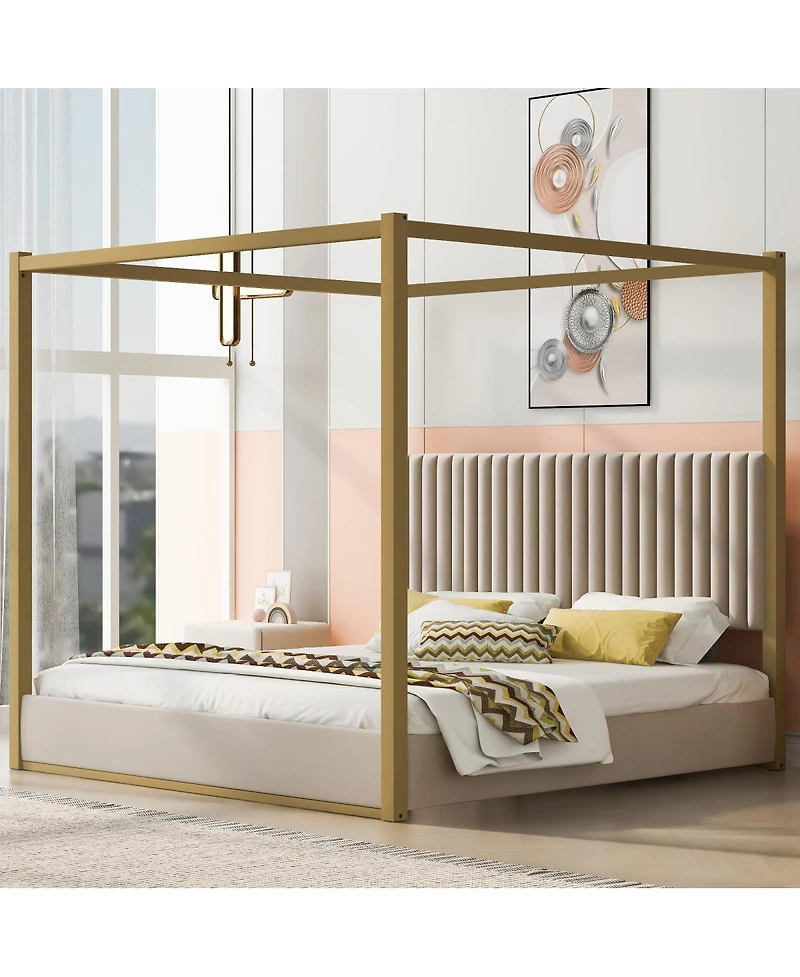 Streamdale King Size Beige Upholstery Canopy Platform Bed with Headboard & Metal Frame
