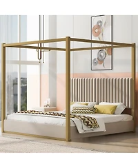 Streamdale King Size Beige Upholstery Canopy Platform Bed with Headboard & Metal Frame