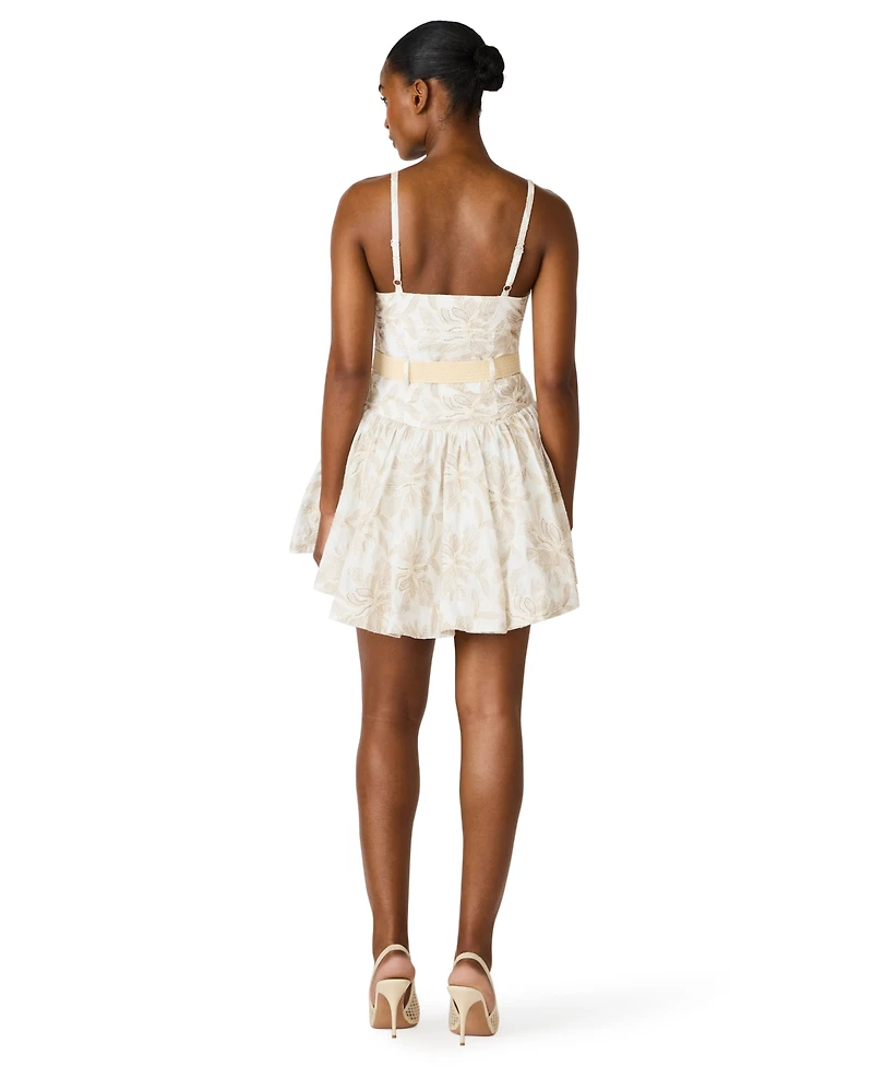 Steve Madden Juniors' Raffia Floral Embroidered Belted Mini Dress