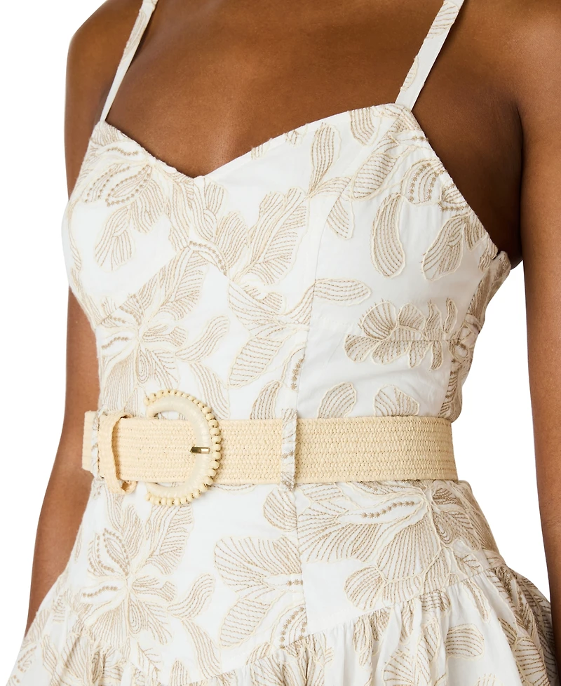 Steve Madden Juniors' Raffia Floral Embroidered Belted Mini Dress