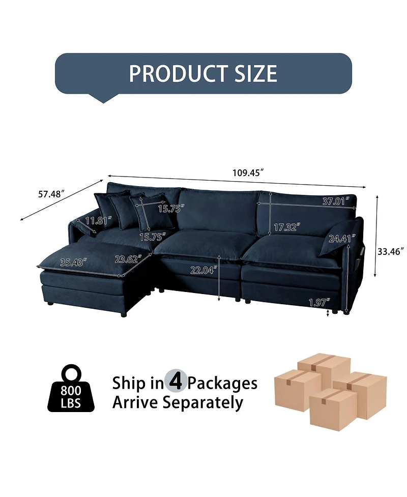 Boyel Living Modular Sectional Sofa , 3-Seater Comfy Cloud Couches with Movable Ottoman, Chenille