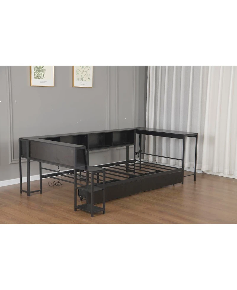 Streamdale Corner Bed Frame Full Size with Bookcase, Led, Charging Station, Black