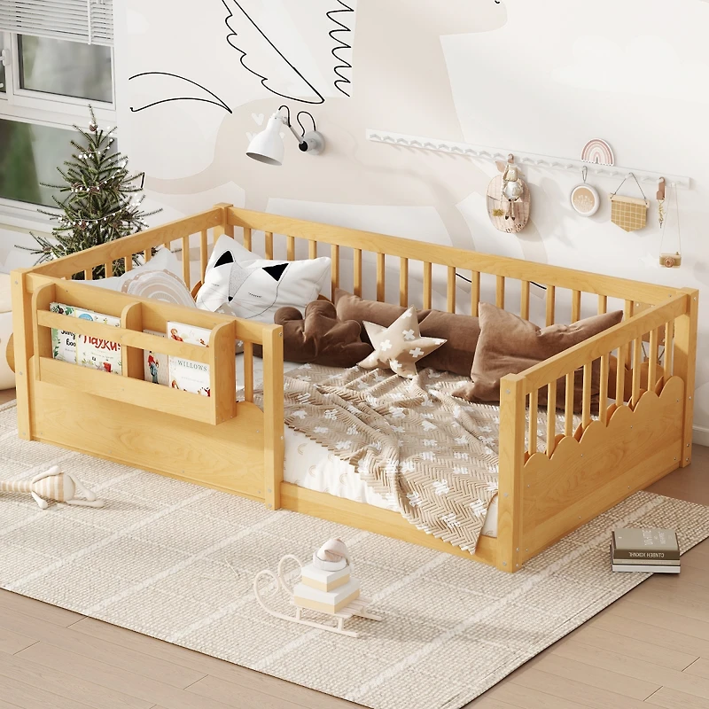 Streamdale Furniture Twin Floor Bed with Fence & Bookshelf, Natural Wood for Kids