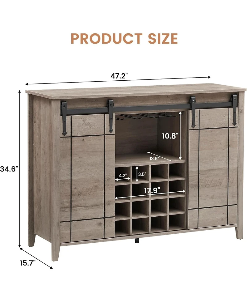 gaomon 47 Inch Wine Bar Cabinet with Sliding Barn Door Buffet Sideboard Cabinet with 16 Bottle Wine Rack