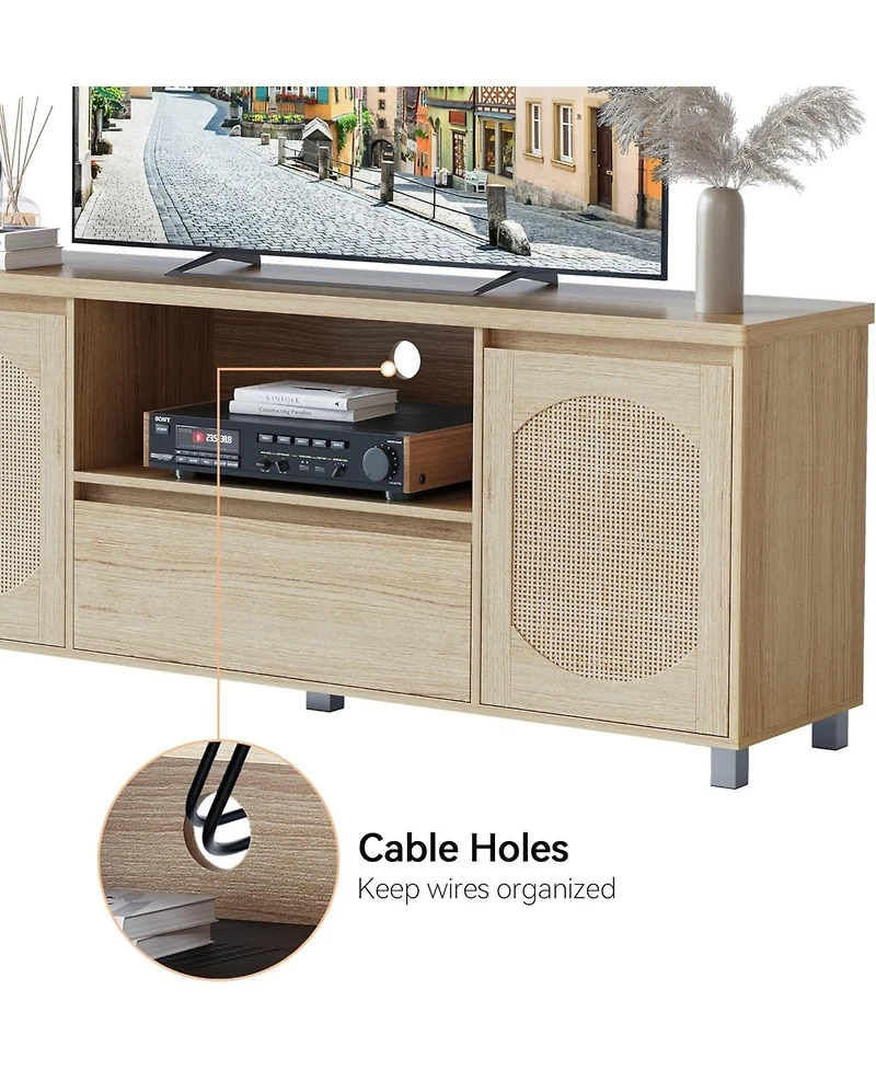 gaomon Rattan Tv Stand for 65 Inch Tv, Entertainment Center with Storage Drawer and Open Shelf, Wood