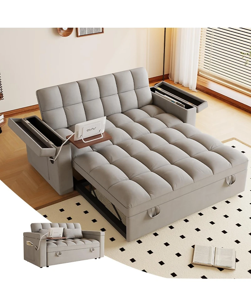 Streamdale Furniture Streamdale 65-inch 3-in-1 Foldable Sofa Bed with Table, Storage Armrests & Adjustable Back