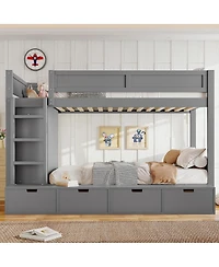 Streamdale Furniture Twin over Twin Bunk Bed w/ 4 Drawers, Wardrobe, No Box Spring Needed