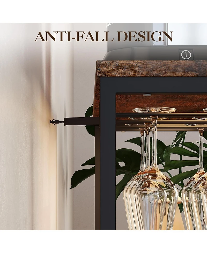 gaomon 3-Tier Wine Bar Cabinet with Led Detachable Wine Rack and Storage Space Buffet Cabinet with Glass Holder and Mesh Door