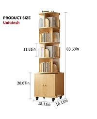 Rainsken 360° Rotating Bookshelf Tower, 5 Tier Wooden Display Bookcase with Wheels and Double Door Storage Cabinet