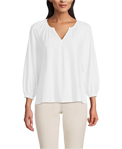Lands' End Women's Lightweight Jersey 3/4 Sleeve Notch Neck Gather Blouse