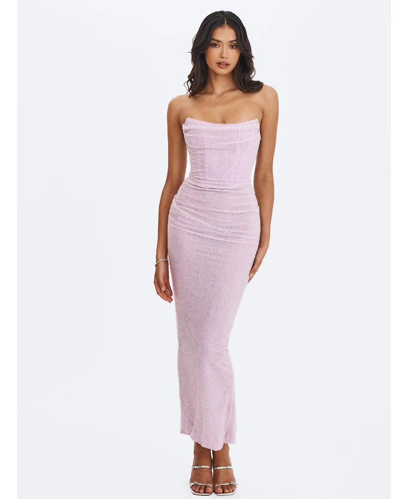 Miss Circle Women's Raylee Lilac Beaded Mesh Strapless Sheath Maxi Dress