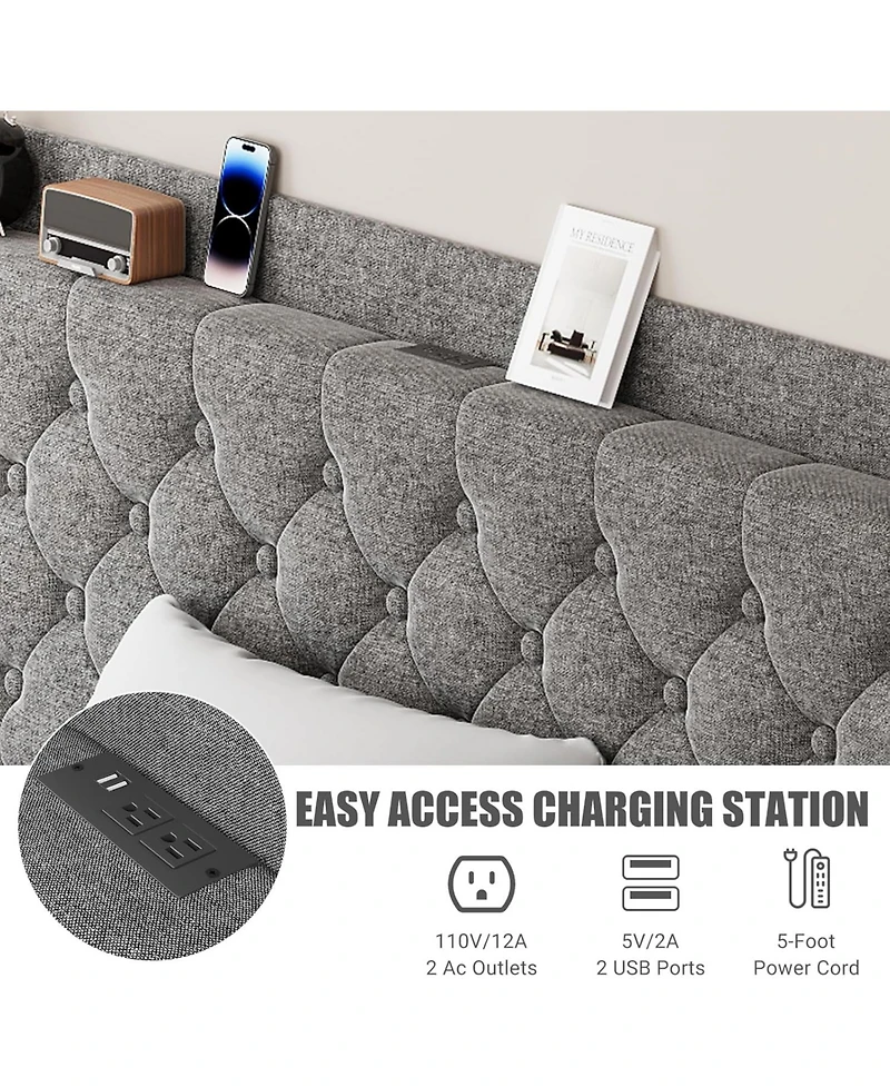 gaomon King Size Platform Bed Frame with Storage Headboard & Usb Charging Station | Button Tufted Upholstery, Noise-Free Design