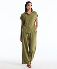 Rafaella Petite Roll Short Sleeve Shirt Drawstring Wide Leg Pants