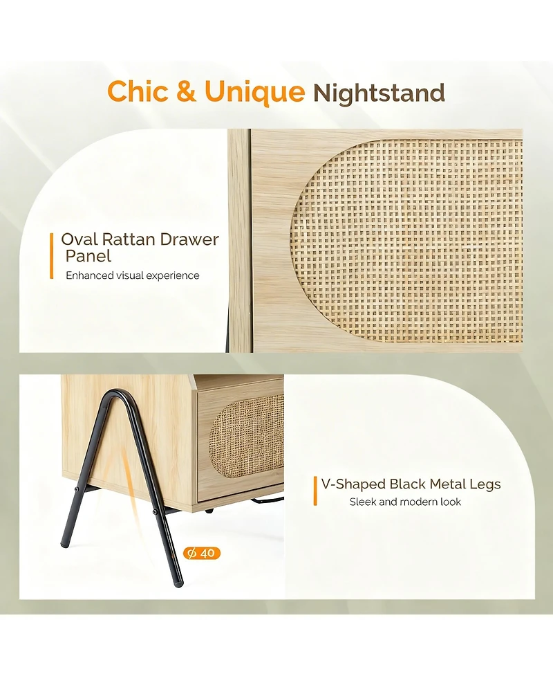Yigii Rattan Nightstand with Charging Station and Storage