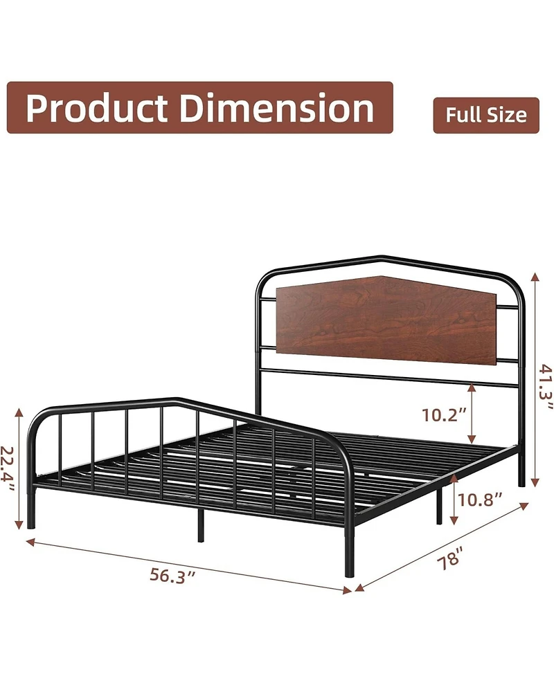 gaomon Metal Bed Frame with Wooden Headboard, Wrought Iron Metal Platform Bed Frame, Under Bed Storage, No Box Spring Required