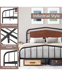 gaomon Metal Bed Frame with Wooden Headboard, Wrought Iron Metal Platform Bed Frame, Under Bed Storage, No Box Spring Required