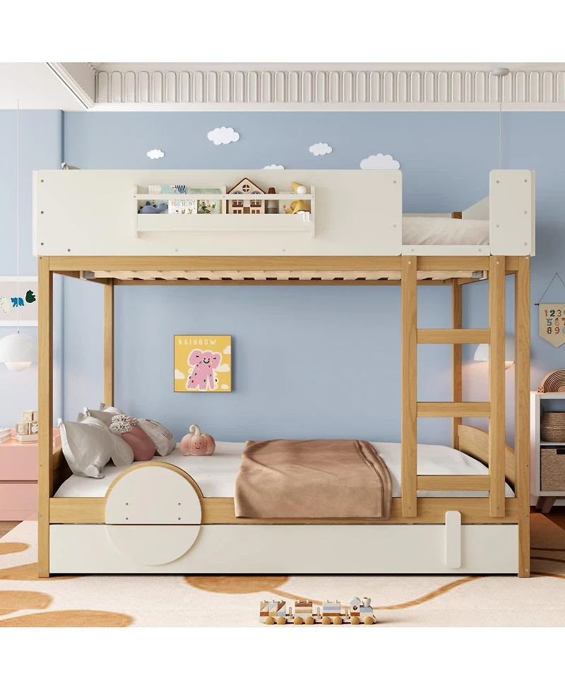 Streamdale Queen Bunk Bed with Trundle, Bookshelf, and Auto Design for Kids