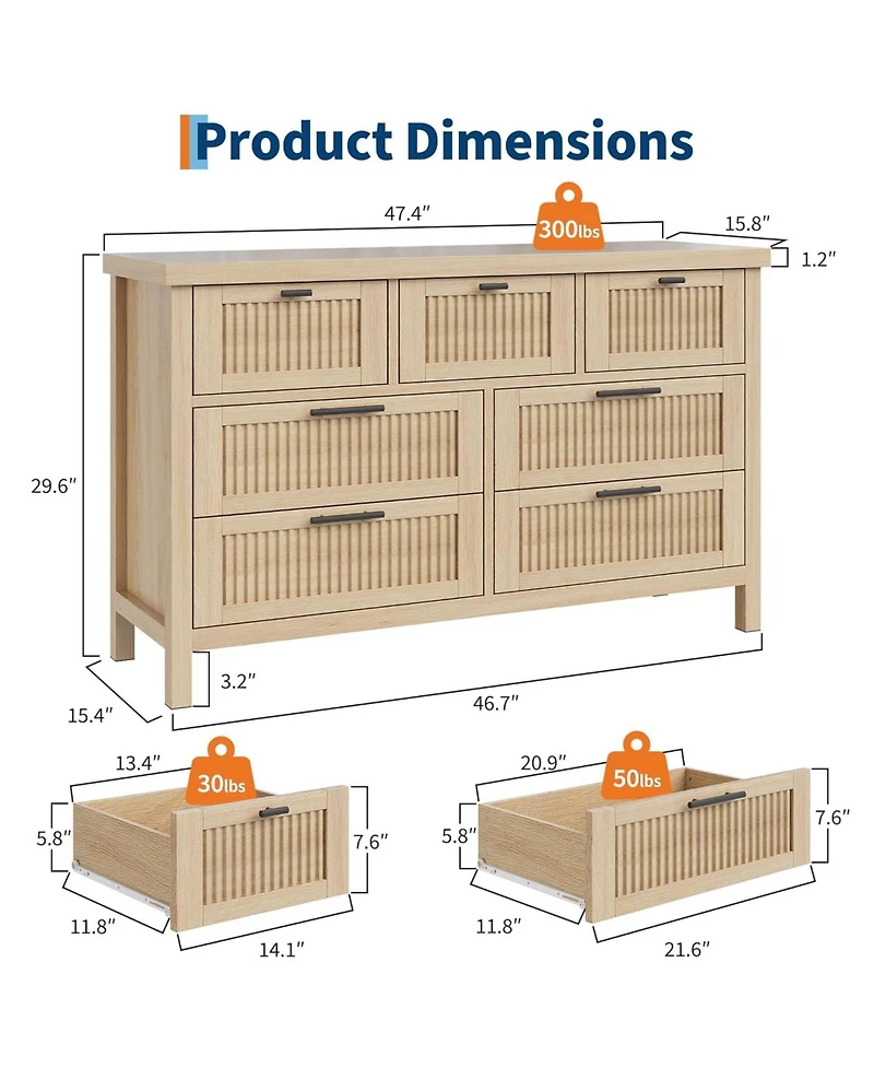 gaomon Fluted Dresser for Bedroom with 7 Drawers, 47.4 Wide Chest of Drawers Large Clothes Storage Cabinet, Wood