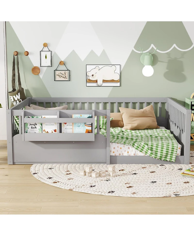 Streamdale Full Floor Bed with Fence and Bookshelf, Wood Kids Floor Bed, Gray.