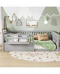 Streamdale Full Floor Bed with Fence and Bookshelf, Wood Kids Floor Bed, Gray.