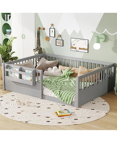 Streamdale Full Floor Bed with Fence and Bookshelf, Wood Kids Floor Bed, Gray.