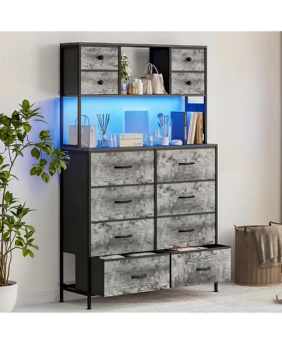 gaomon Dresser for Bedroom Drawer Fabric Chest with Led Lighting, Power Outlet and Open Shelves, Wood Top & Metal Frame for Bedroom, Hallway