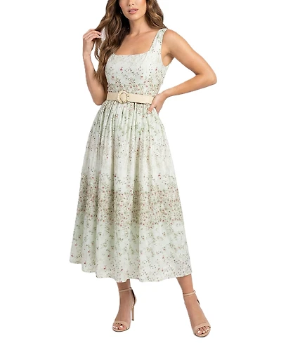 Taylor Women's Floral Belted Square Neck A-Line Dress