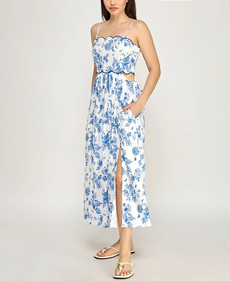 Row A Juniors' Sleeveless Scallop Trim Slim Midi Dress