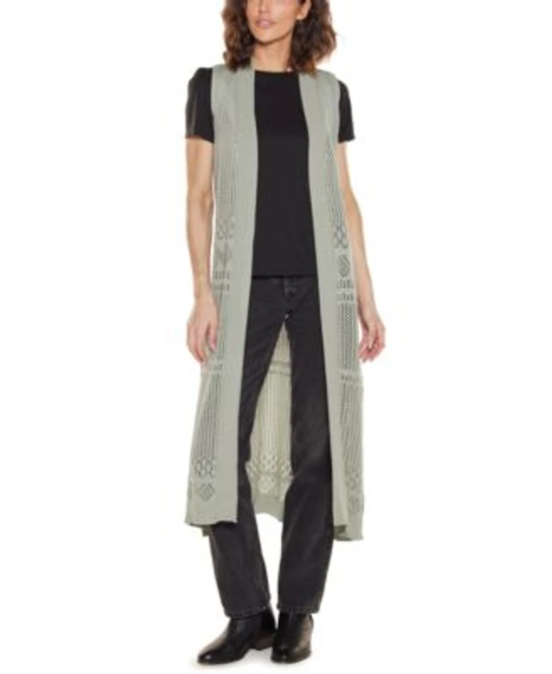 Belldini Womens Pointelle Sleeveless Duster Cardigan Sweater