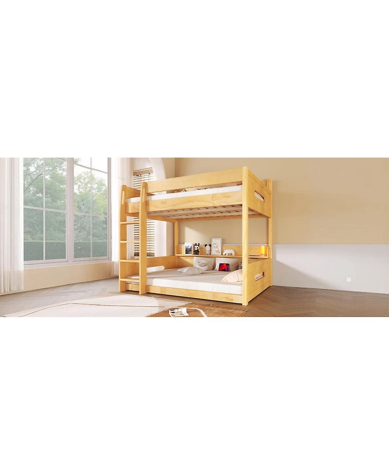 Streamdale Furniture Queen over Queen Bunk Bed with Storage Shelves and Usb Ports