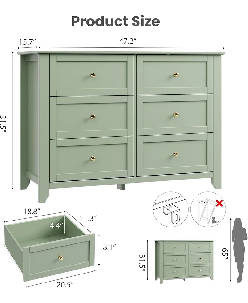 gaomon 6-Drawer Dresser for Bedroom, Large Wooden Chest with Deep Drawers and Metal Knobs for Entryway