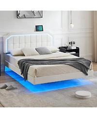 gaomon Floating Bed Frame with Rgb Led Lights Headboard, Modern Floating Led Bed Frame with Upholstered Adjustable Headboard