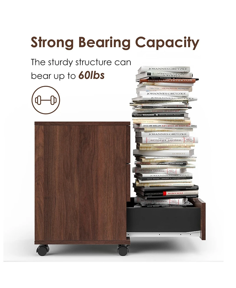 Rainsken 3-Drawer Vertical Filing Cabinet, Wood Mobile File Cabinet, Storage Cabinet with Wheels, Under Desk for Home Office