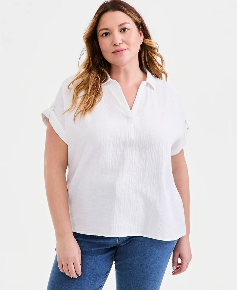 Style & Co Plus Cotton Gauze Collared Popover Top, Macy's Exclusive