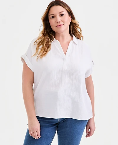Style & Co Plus Cotton Gauze Collared Popover Top, Macy's Exclusive